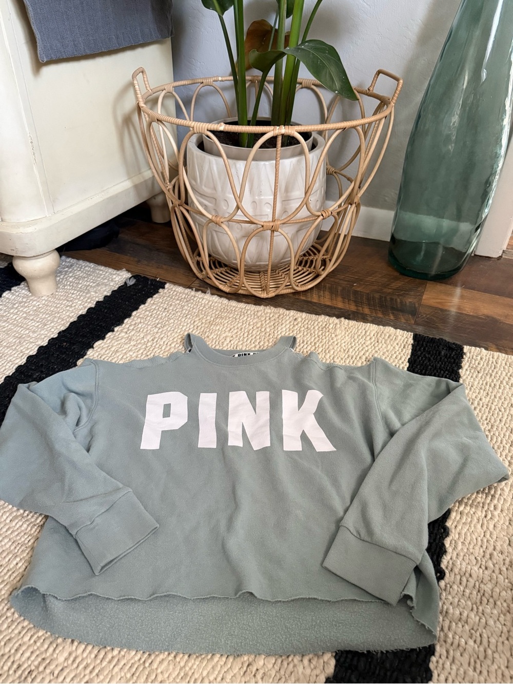 PINK Victoria's Secret Sage Green Pullover Open Shoulder Crewneck w/ White Logo